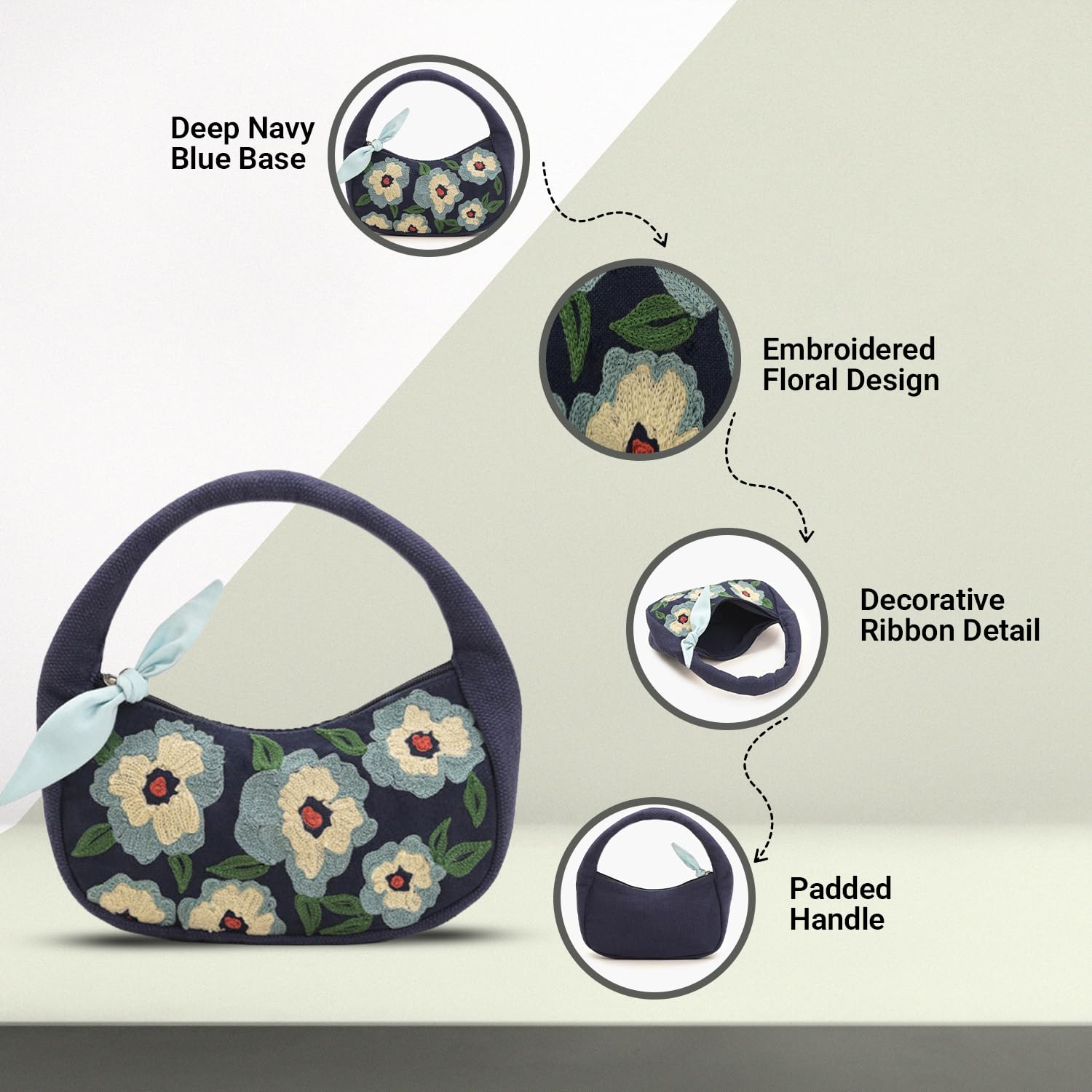 Boho Indigo Blossom Tote Bag – Navy Blue Floral Shoulder Bag for Women with Embroidered Flowers, Padded Handle & Ribbon Detail – Ideal for Travel, Brunch & Casual Outfits