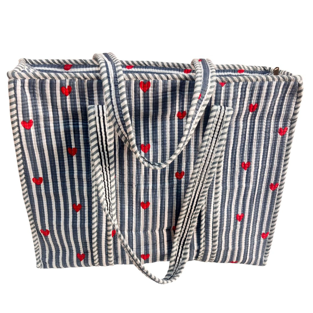 Bazaar Bhoot Edition Premium Cotton Quilted Shopping Tote Bag - Multipurpose Long Lasting Foldable Reusable Bag with zipper for Shopping, Travel & Daily Use - Made in India (Heart Gray)