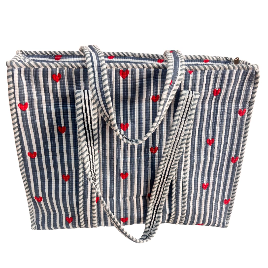 Bazaar Bhoot Edition Premium Cotton Quilted Shopping Tote Bag - Multipurpose Long Lasting Foldable Reusable Bag with zipper for Shopping, Travel & Daily Use - Made in India (Heart Gray)