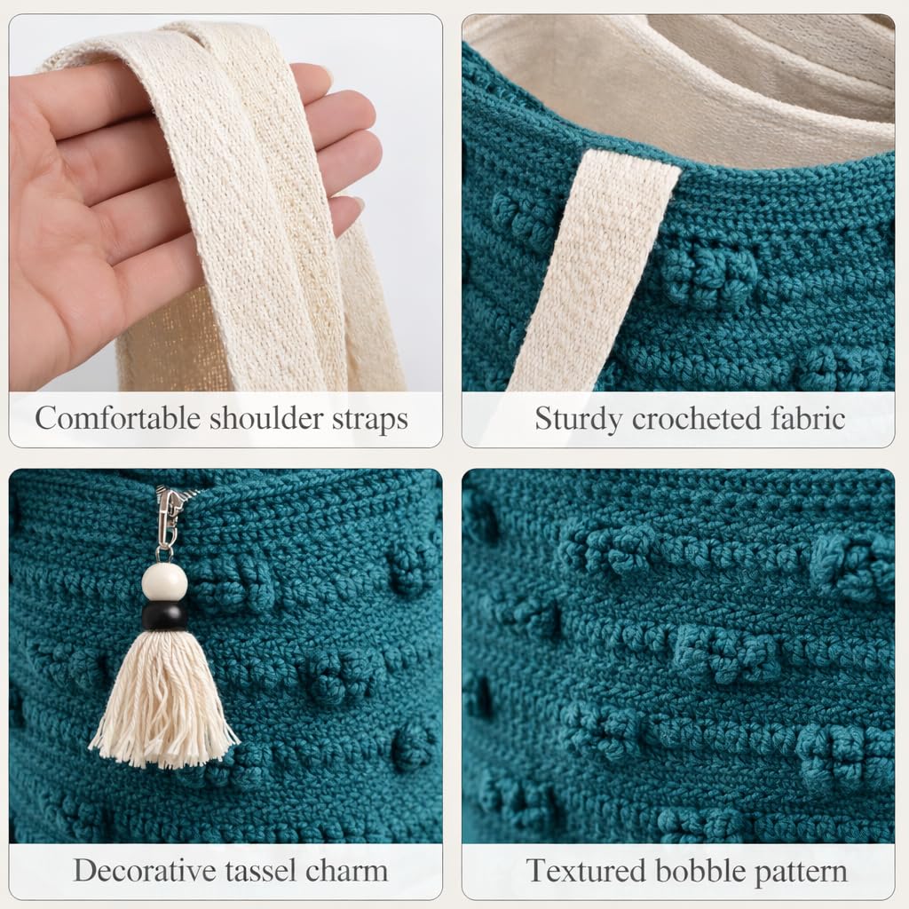 PUMITOWN Tote Bag for Women, Boho Woven Canvas Shoulder Bag with Tassel & Fringe Detail, Greenish-Blue Striped Handbag, Eco-Friendly, Large Capacity, 16x15 Inches (Handbag_Green)