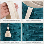 PUMITOWN Tote Bag for Women, Boho Woven Canvas Shoulder Bag with Tassel & Fringe Detail, Greenish-Blue Striped Handbag, Eco-Friendly, Large Capacity, 16x15 Inches (Handbag_Green)