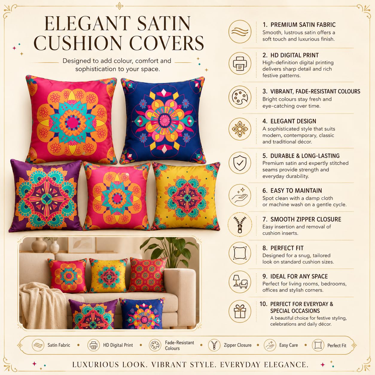 Vendola Decorative Satin Sofa Cushion Covers Set of 5, 16 inch x 16 inch, Sofa Pillow Cover, Ethnic Festive, Yellow, Blue & Multicolor, Rangoli Rajasthani Design Zipper Closure (Amber, 16X16 Inches)