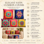 Vendola Decorative Satin Sofa Cushion Covers Set of 5, 18 inch x 18 inch, Sofa Pillow Cover, Ethnic Festive, Yellow, Blue & Multicolor, Rangoli Rajasthani Design Zipper Closure (Amber, 18X18 Inches)