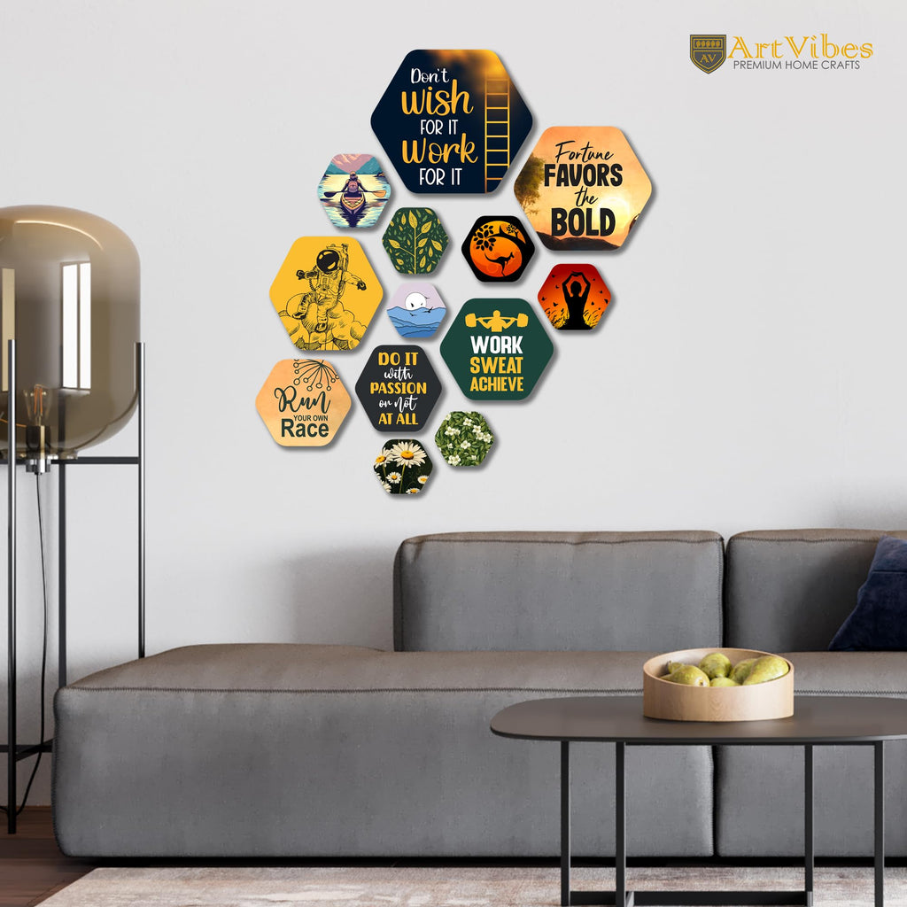 Artvibes Motivational Quotes Hexagon Shape MDF Wooden Wall Decor Items | Quotes Decor Item | Motivational Wall Decor | Wall Poster | Gift Items | Office Wall Decoration Items (WPS_223N), Set of 13