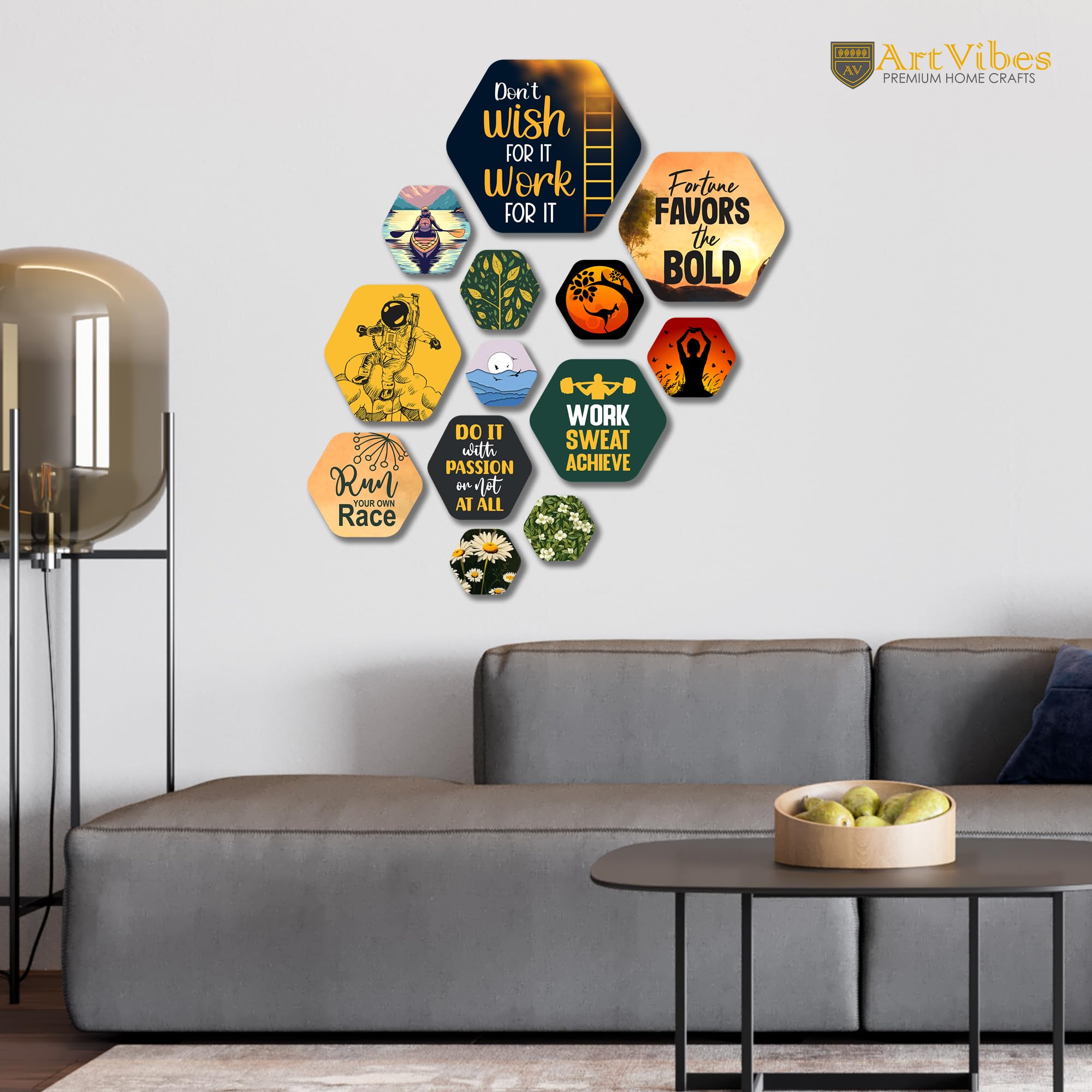 Artvibes Motivational Quotes Hexagon Shape MDF Wooden Wall Decor Items | Quotes Decor Item | Motivational Wall Decor | Wall Poster | Gift Items | Office Wall Decoration Items (WPS_223N), Set of 13