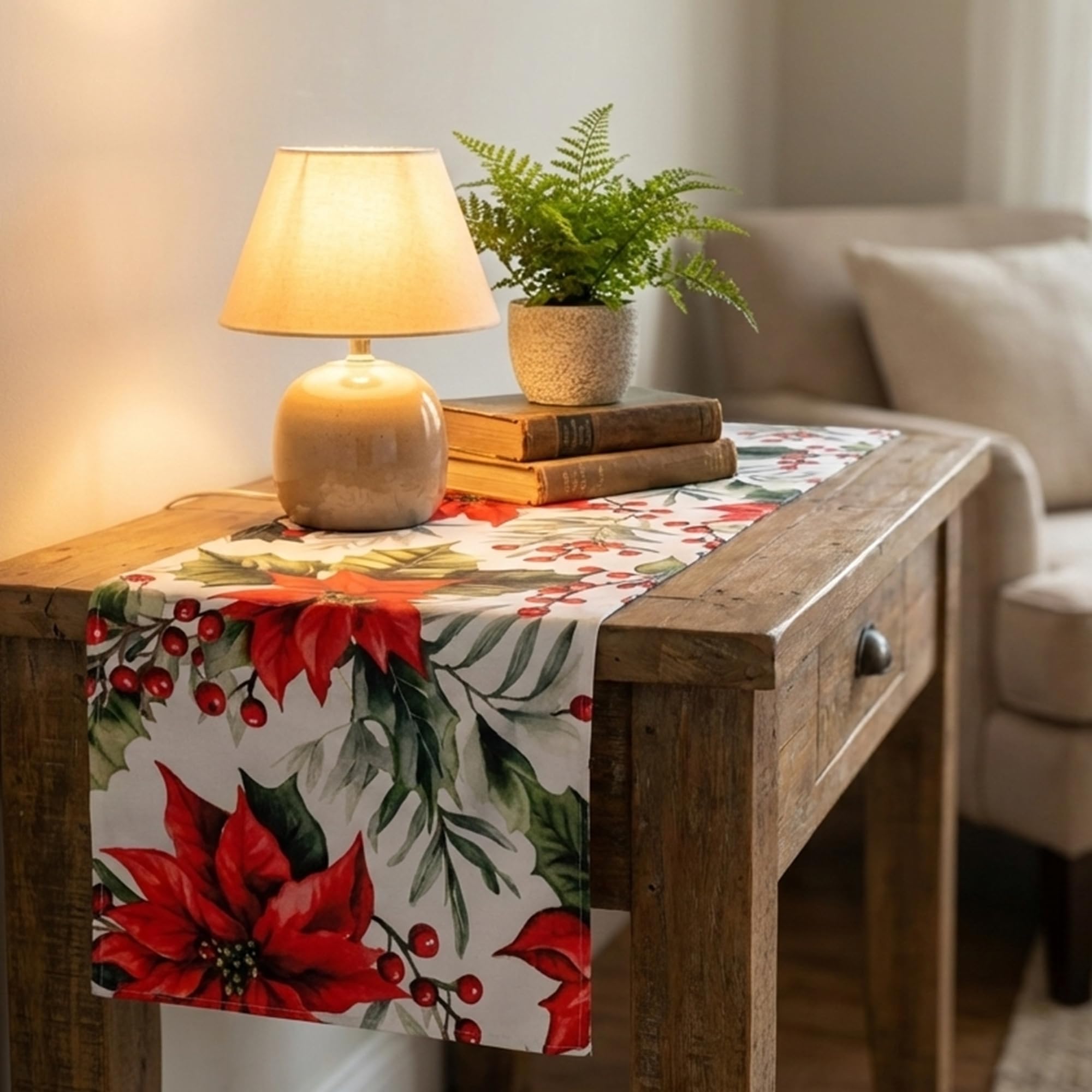 PRAKARTIK BY INDUARTS 135 cm Dining Table Runner - Red Flower Chritmas Magic Theme,Digital Print, Washable, Indoor/Outdoor, Heat-Proof, Wipe & Clean (135X33 cm) Red & Green Kafalo