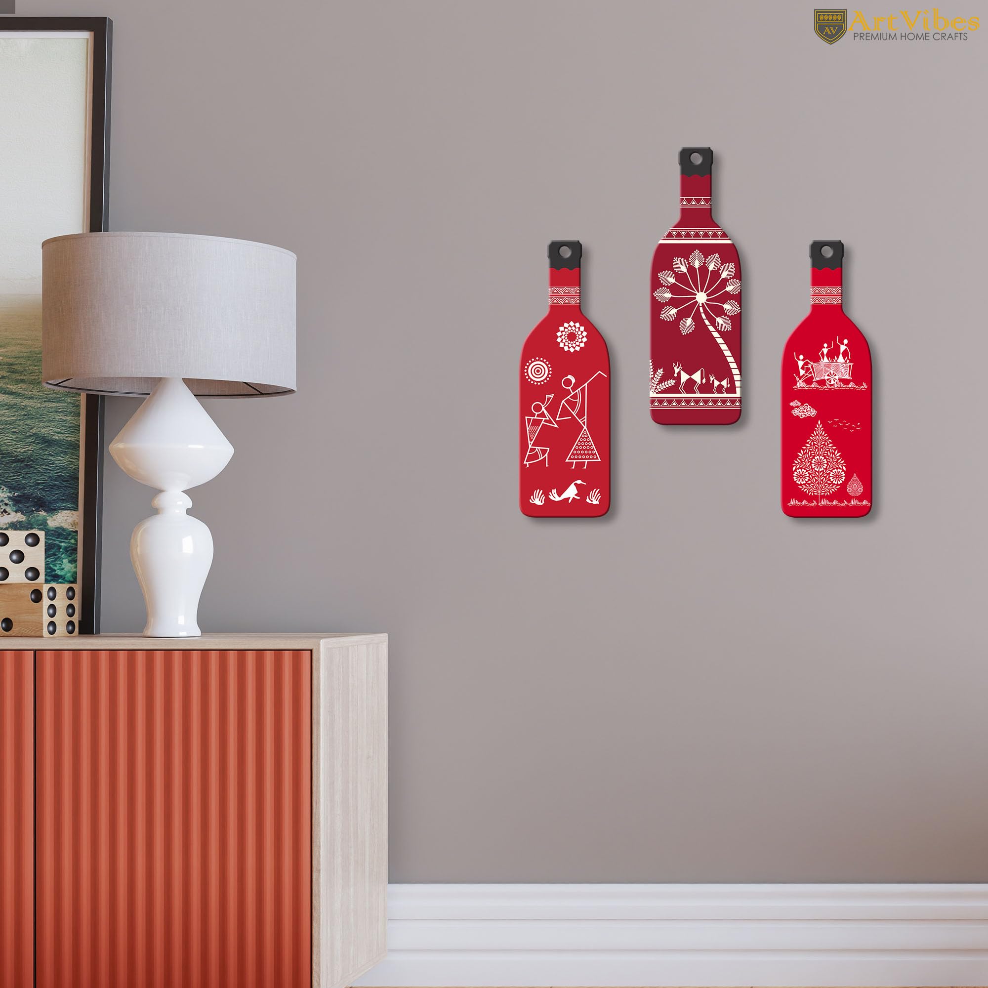 Artvibes Tribal Warli Art Decor Bottle shaped Wooden Wall Hanging | Living Room | Office | Cafe | Handcrafted Art | Wall Accent | Art Painting | Artworks Hangings | Gift Items (WH_9526N), Set of 3