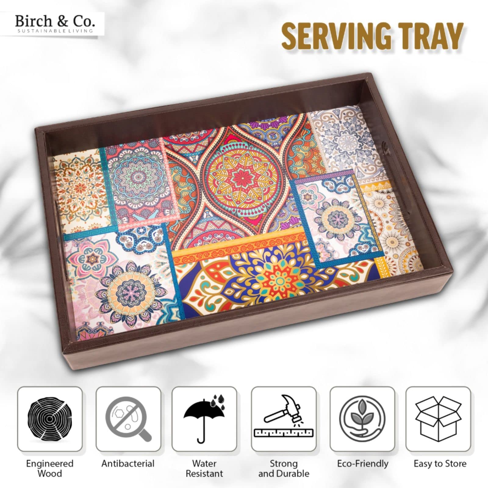 Birch & Co. Wooden Tray For Serving-Free 4 Coasters-10 Inch X 15 Inch-Serving Tray-Tray Set For Decoration-Tea Trays-Big Coffee Tray-Premium Mdf Trey-Wooden Serving Trays-Resin Tray,Round