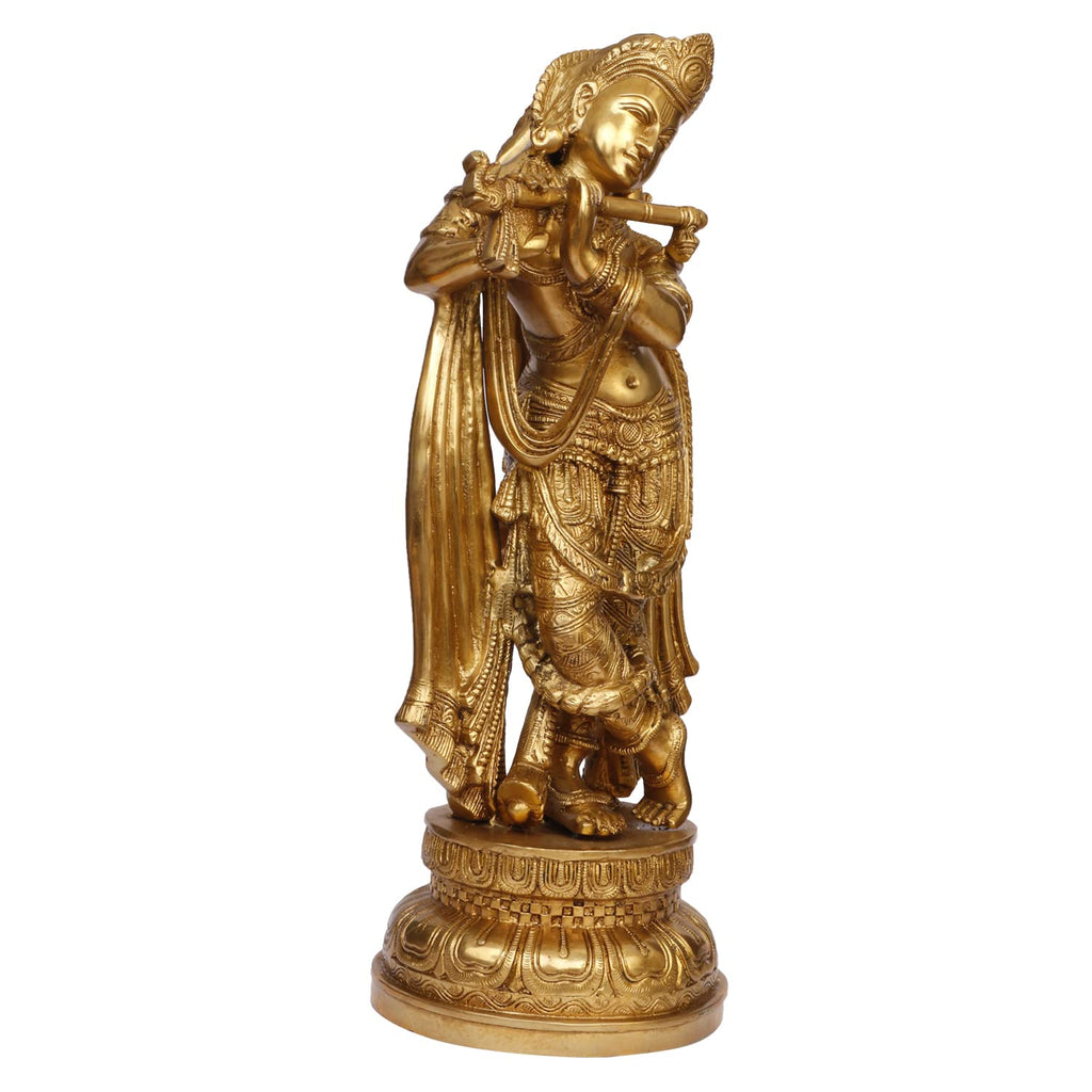 ARTVARKO Pure Brass Lord Bhagwan Krishna Idol Murti with Flute Statue for Home Temple Decor Entrance Gallery Gift 18-inches,