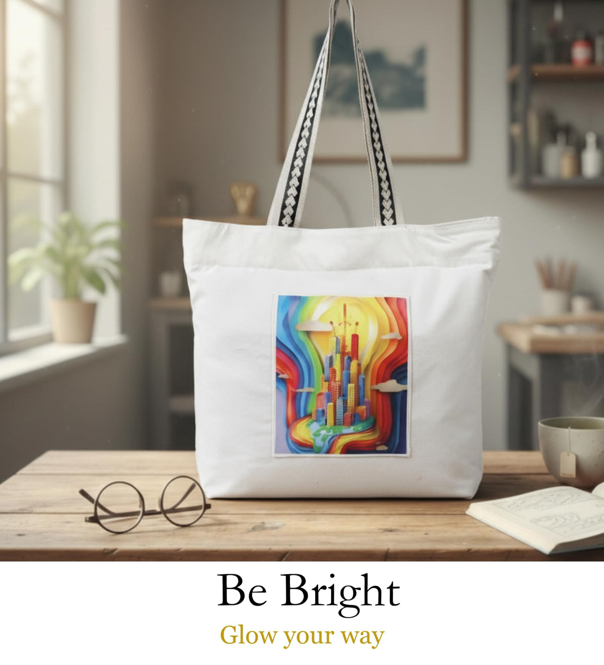 WOTM On The Move Tote | Premium Printed Cotton Canvas Tote Bag with Zipper & Inside Pocket, Stylish Everyday Travel Bag for Work, College, Office, Travel, Shopping (Be Bright)