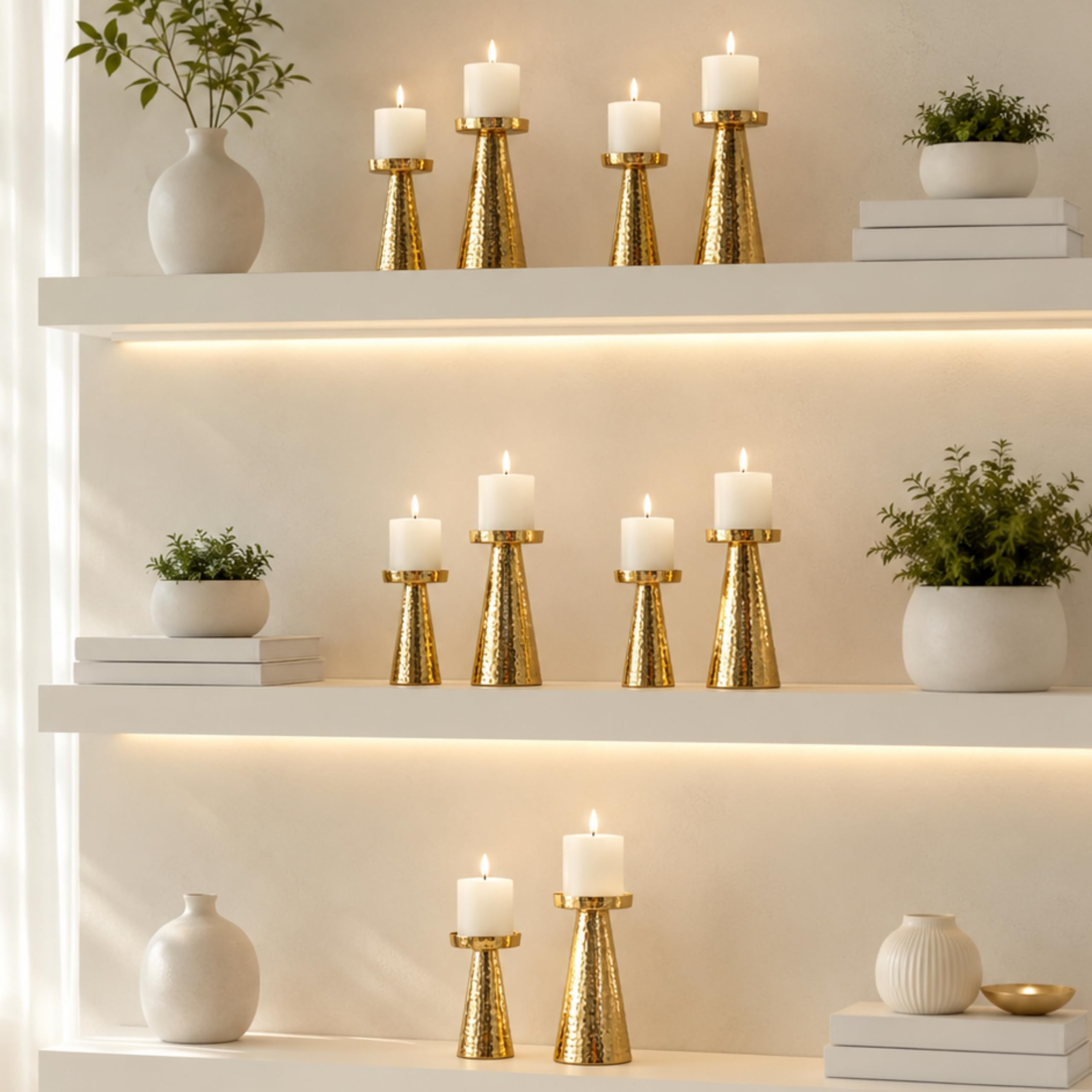 Behoma Handcrafted Hammered Gold Metal Pillar Candle Holders Pack of 5 Sets