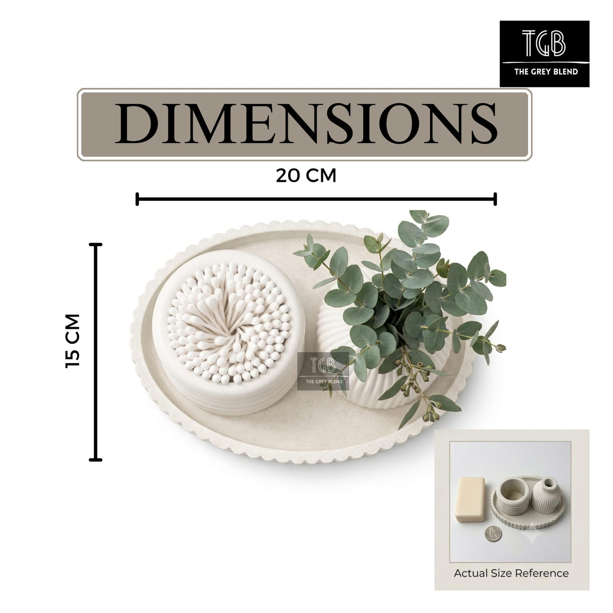 THE GREY BLEND® Compact Vanity Tray Set - Oval Concrete Tray with Vase & Multi-Purpose Brush Holder | Mini Bathroom Counter & Dressing Table Organizer | 20x15cm