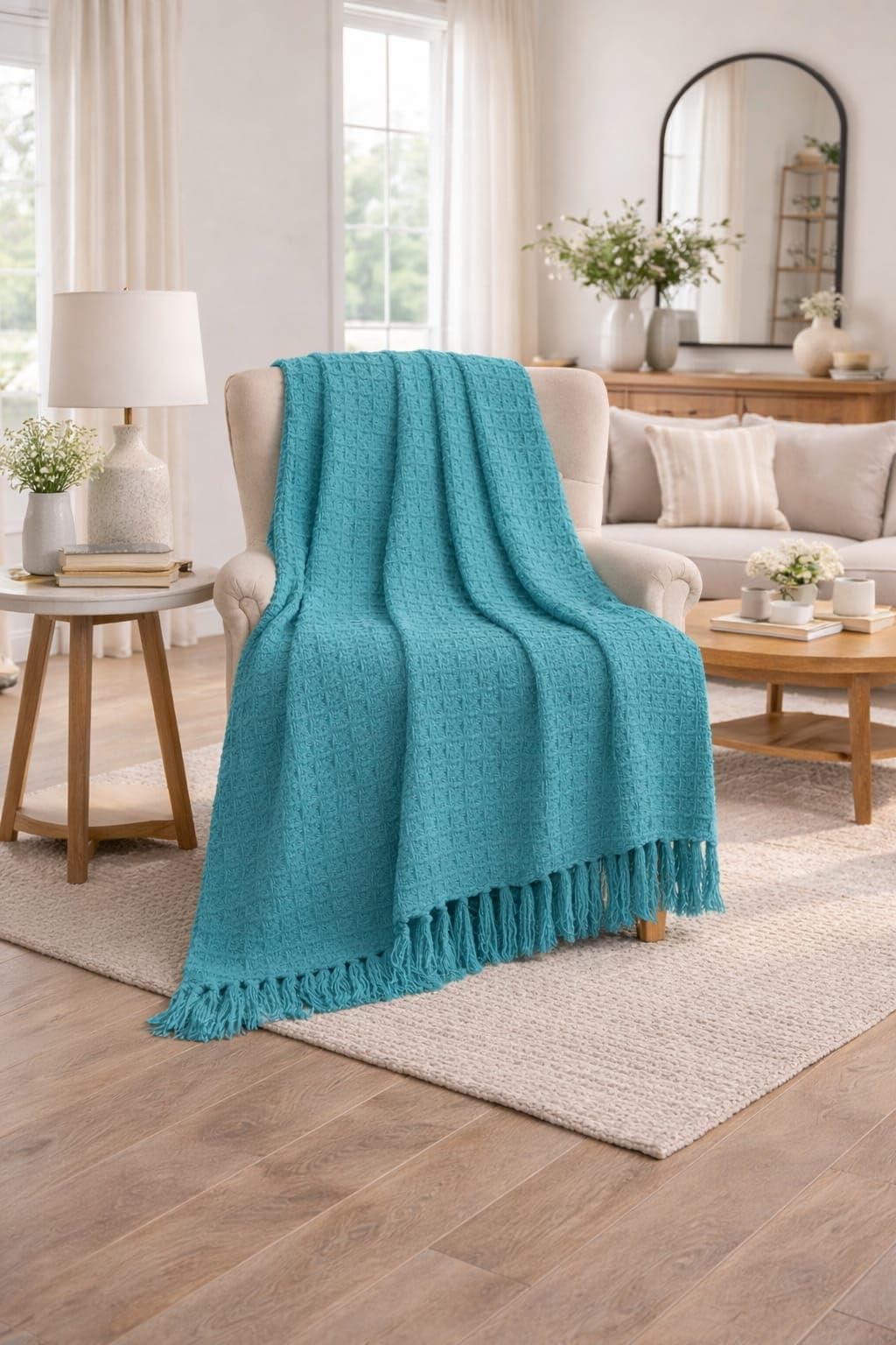 Tarantaran Waffle Weave Cotton Throw Blanket – Lightweight, Breathable & Cozy for Sofa or Bed (100% Cotton)(50X60 Inches) (Teal Green) Kafalo
