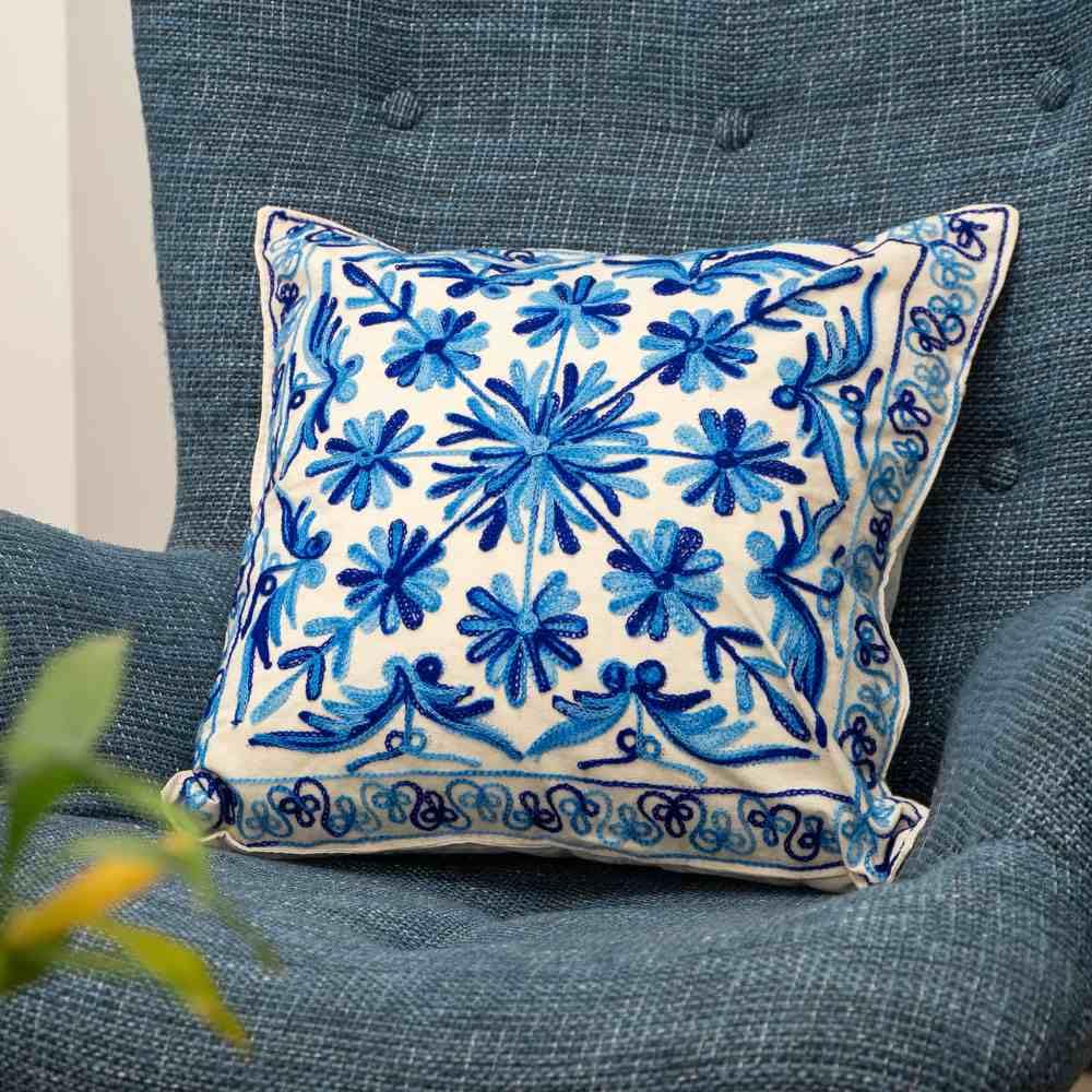 ATRANGI STUDIO Embroidered Cushion Covers - Set of 2 | Traditional Aari Embroidery | Threadwork Throw Pillow Covers with Zip Closure | Perfect for Sofa, Bed, Chair | 16x16 Inch, Blue