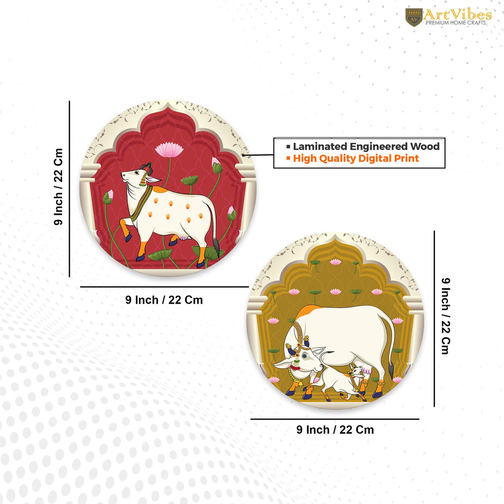 Artvibes Sacred Cow Pichwai Art Round Shape MDF Wooden Wall Decor Items | Living Room | Handcrafted Art | Wall Illustrations | Art Prints | Aesthetic Wall Art | Ideal Gifts (WH_8801NN), Set of 2
