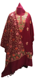 latest Womens pure woolen kashmiri embroidered salwar kameez suit with heavy embroidery on shawl,winter wear,woollen kurta pant set dress material(UNSTITCHED FABRIC) by pure Pashmina wooltex.MAROON2