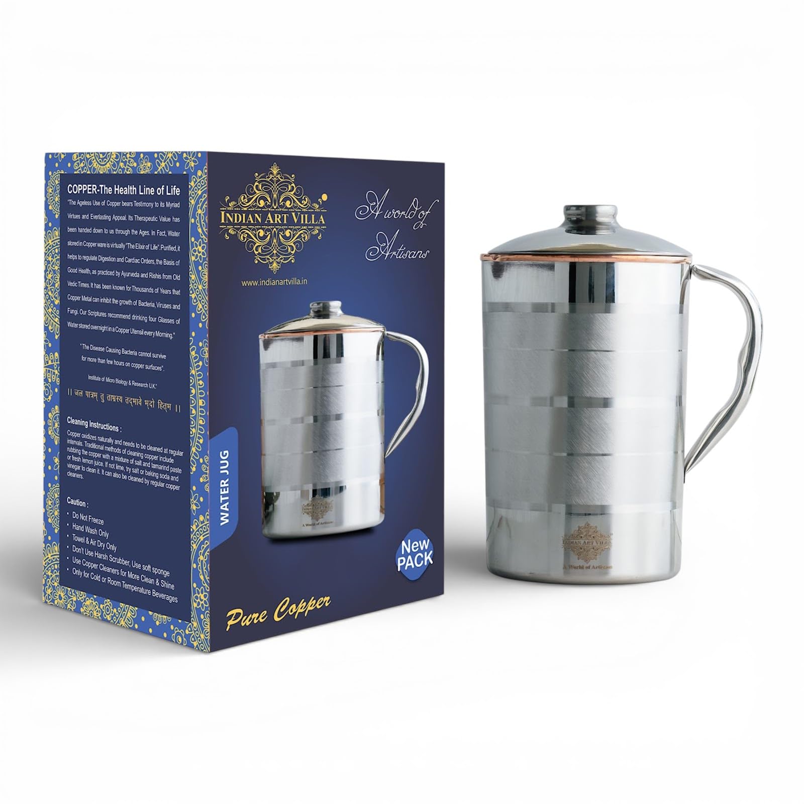 Indian Art Villa Steel Copper Luxury Design Jug Pitcher with Lid, Storage & Serving Water, Beneficial for Health, Volume-2000 ML