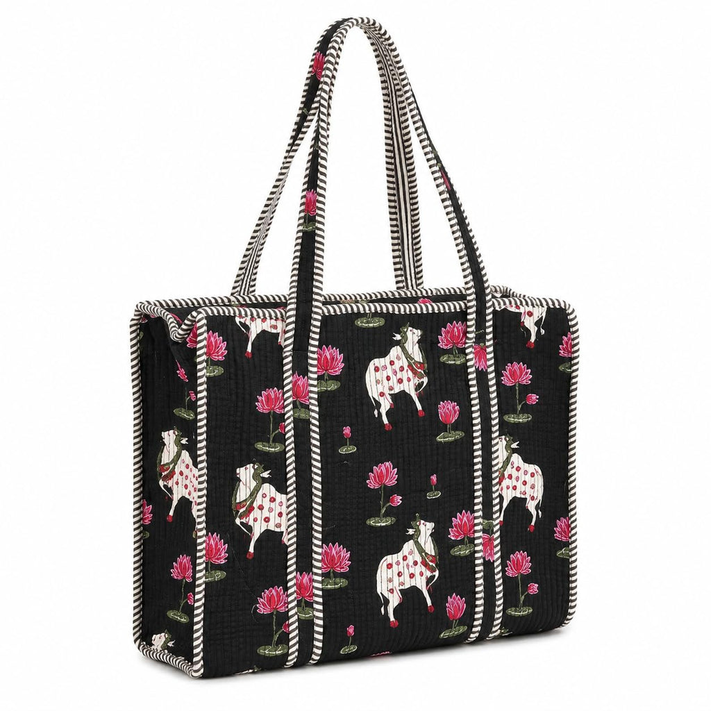 THE CURIO STREET Premium Cotton Tote Bag with Zip Closure I Quilted I Hand Block I Women's Shopping/College/Office/Everyday Bag, Shoulder Bag, 16x16 (Pichwai Art Print; Black)