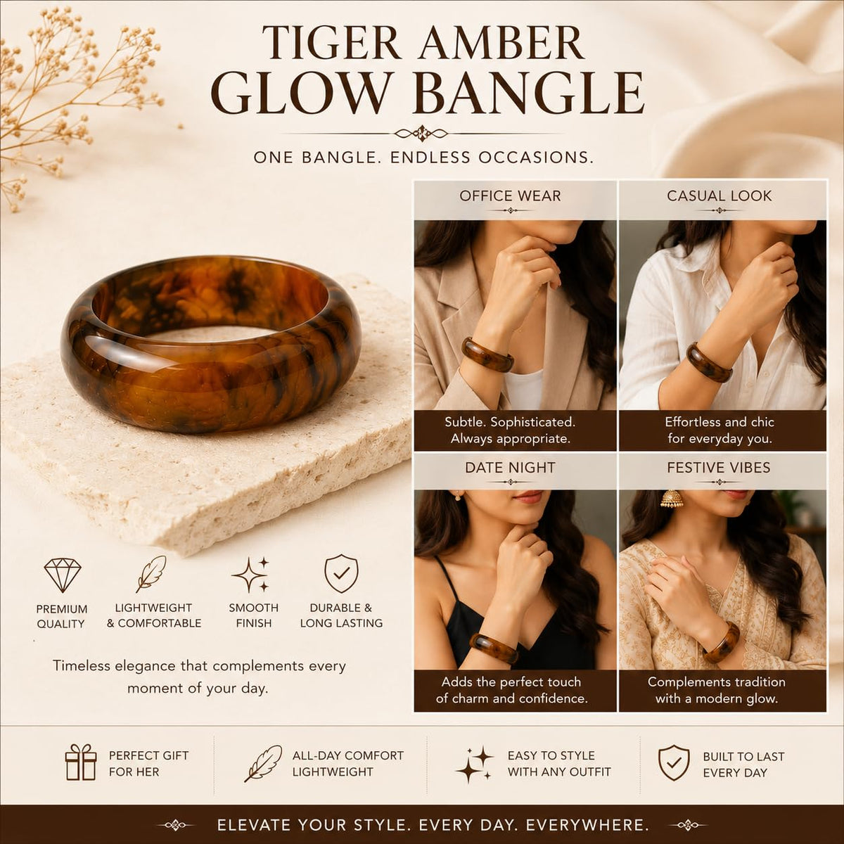 Tiger Amber Glow Resin Chunky Bangle for Women and Girls, size 2.2
