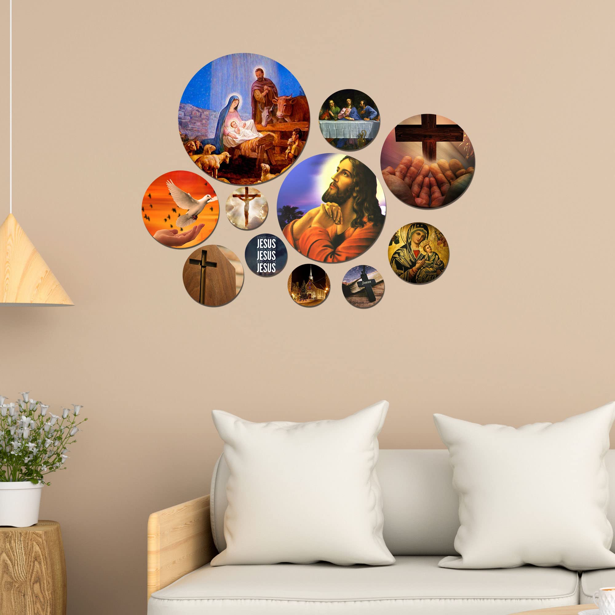 Artvibes Start with Jesus Christian Round Shape MDF Wooden Wall Art for Home Decoration | Spiritual Decor Items | Wall Art Paintings | Wall Poster| Stylish Modern Artwork | Gift (WPS_124N), Set of 11
