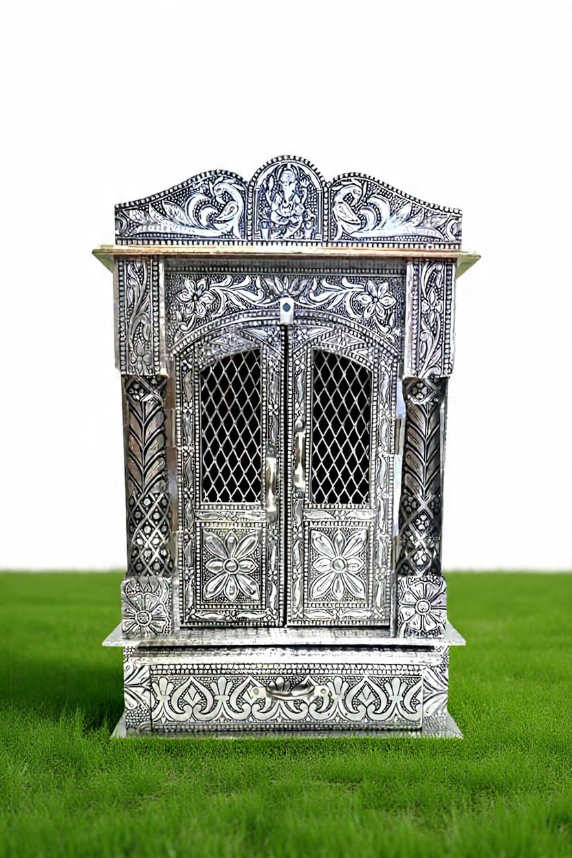 Balveer Enterprises Small Size Pooja Mandir for Home, Home Temple, Handcrafted German Oxidized Mandir with Aluminium and Copper Plating, Temple for Home- Silver (L10*D6) INCHES