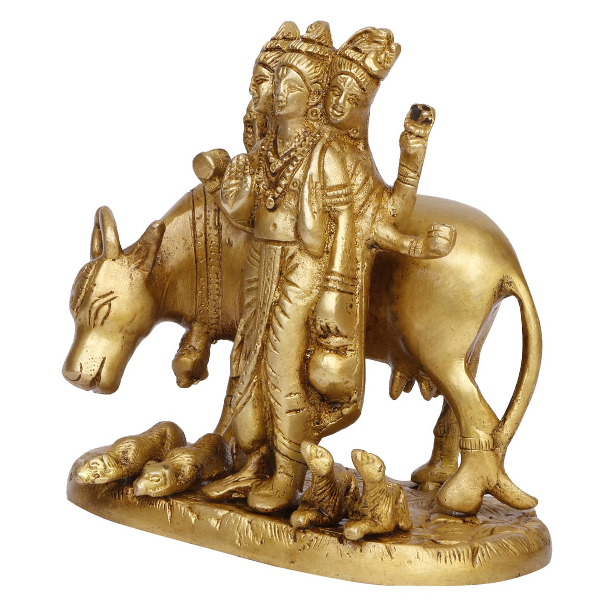 Artvarko Brass Brahma Vishnu Shiva Mahesh Trimurti Figurine Trinity Idol Dattatreya Tridev with Auspicious Cow Temple Puja Gift Décor 5.5 Inch