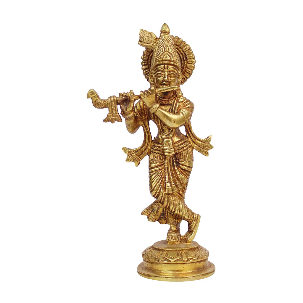 ARTVARKO™ Brass Lord Krishna Idol Statue God Love Murti for Home Decor Living Room Pooja Temple Sculpture Gift Item Gold Height 7.5 Inch