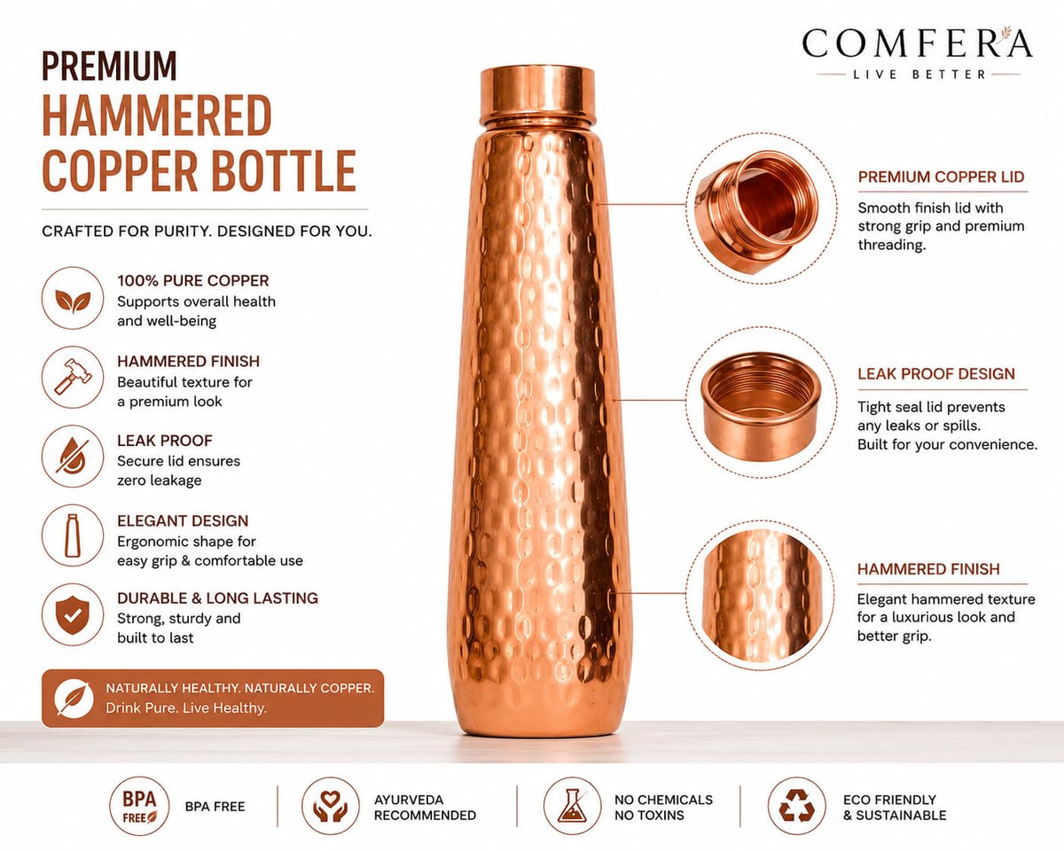 COMFERA Pure Copper Bottle, 32oz/950ml water bottle for drinking, Leakproof hammered designed bottles for Home, Gym, School & Travel, Durable, Rustproof & Handmade Bottle, Ayurvedic Cups