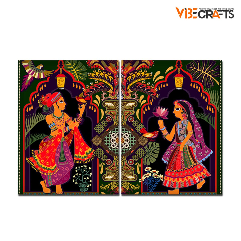 VIBECRAFTS Madhubani Art 2 Pieces Canvas Wall Painting Fitted With Wooden Frame For Home | Office | Living Room | Gifts(PTVC2Pcs1_17502N)