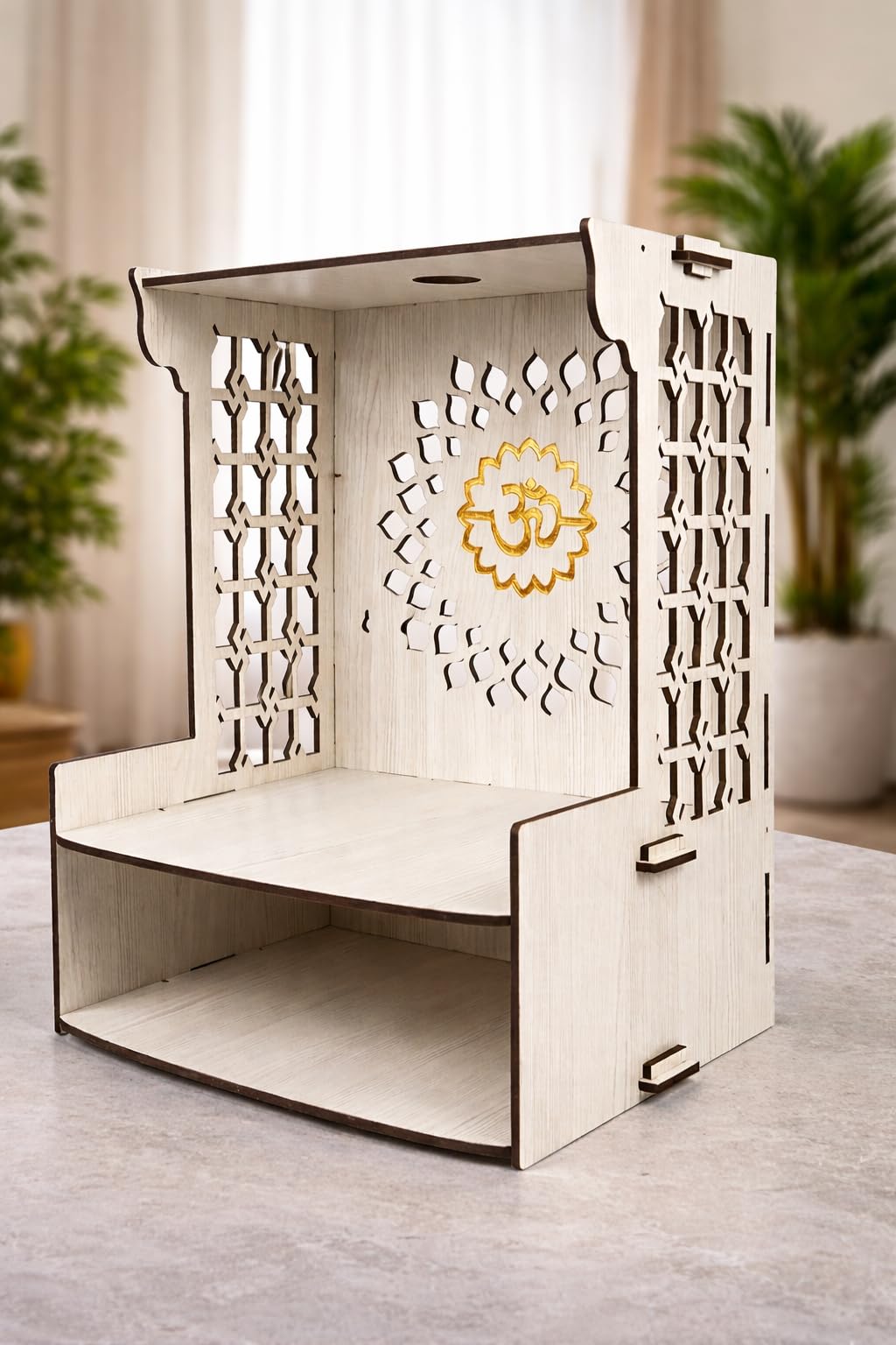 GOJEEVA KRAFT Beautiful White Wooden Pooja Stand for Home, Temple, Office, Wall Mounted Puja Mandir with LED Spot Light Size (L- 29 CM, W- 25 CM, H - 37.5 CM)
