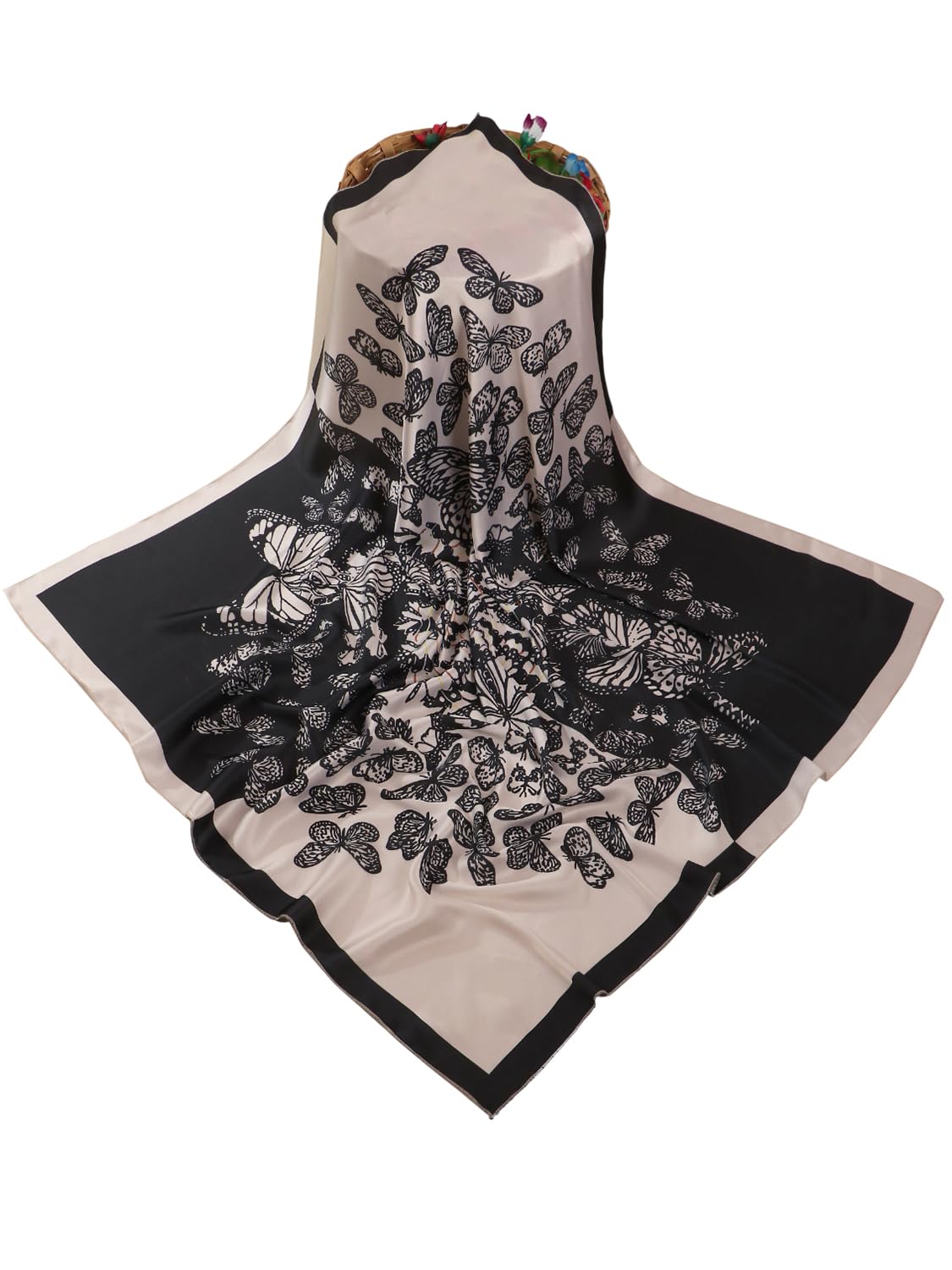 leeza store Women's Silk Scarf For Women 40X40 | Soft Beige & Jet Black | Digital Printed Butterfly Motif | Stylish Head Scarf, Neck Wrap, Stole