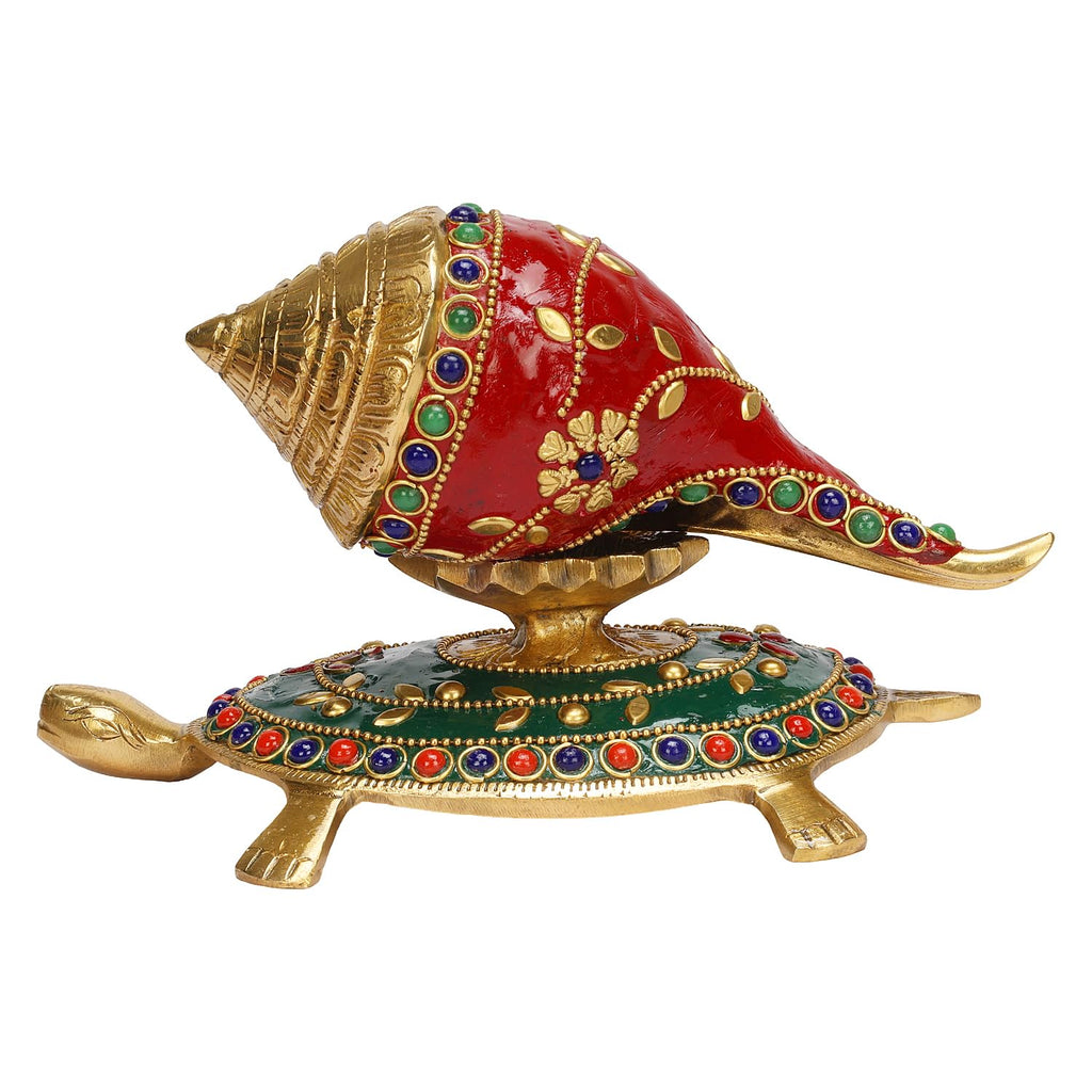 ARTVARKO Brass Shankh with Stand Tortoise Conch Holder Multicolor for Home Office Temple Mandir Pooja Puja Room Brings Prosperity 8 Inch