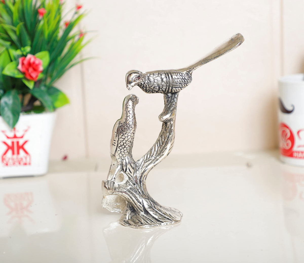 KridayKraft Love Birds Couple Kissing Sitting on Tree,Animal Showpiece for Home Decorative Statue, Gift for Boyfriend,Girlfriend,Wife,Husband,Friends,Happy Home Decoration Idol Showpiece (Silver)