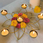 ATRANGI STUDIO Lotus Iron Tealight Holder | Handcrafted Festive Decor | Designer Tealight Candle Holder | Hold 3 tealight Candles | Perfect for Pooja Shelf, Side Table & Gifting | 12 Inch