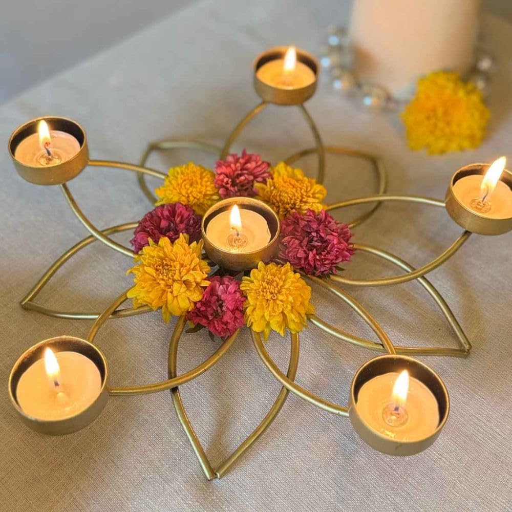 ATRANGI STUDIO Lotus Iron Tealight Holder | Handcrafted Festive Decor | Designer Tealight Candle Holder | Hold 3 tealight Candles | Perfect for Pooja Shelf, Side Table & Gifting | 12 Inch