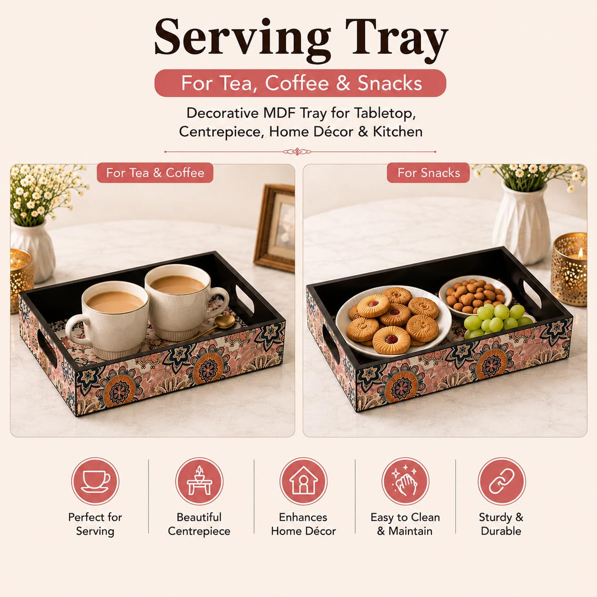 GKD Wooden Serving Tray for Tea & Coffee | Decorative Breakfast Tray with Handles | 11 x 11 Inch Square Snack Serving Tray for Dining Table, Kitchen, Ottoman, Coffee Table & Home Décor