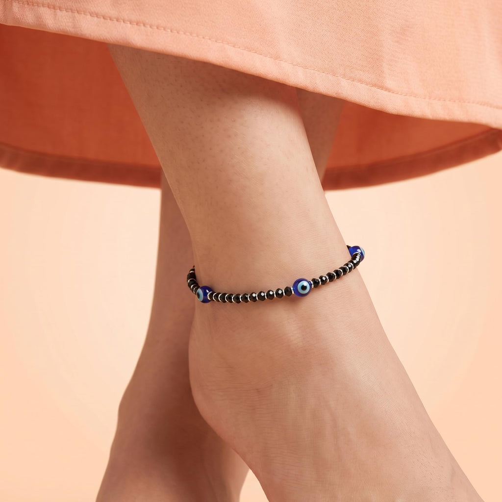 925siller Pure 925 Sterling Silver Evil Eye Anklet for Women & Girls | Black Beaded Nazariya Payal | Adjustable Stylish Anklet for Everyday Wear