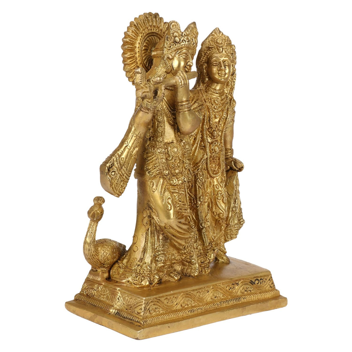 SVARUP Brass Radha Krishna Murti with Peacock in Gold Color Height 8 inch