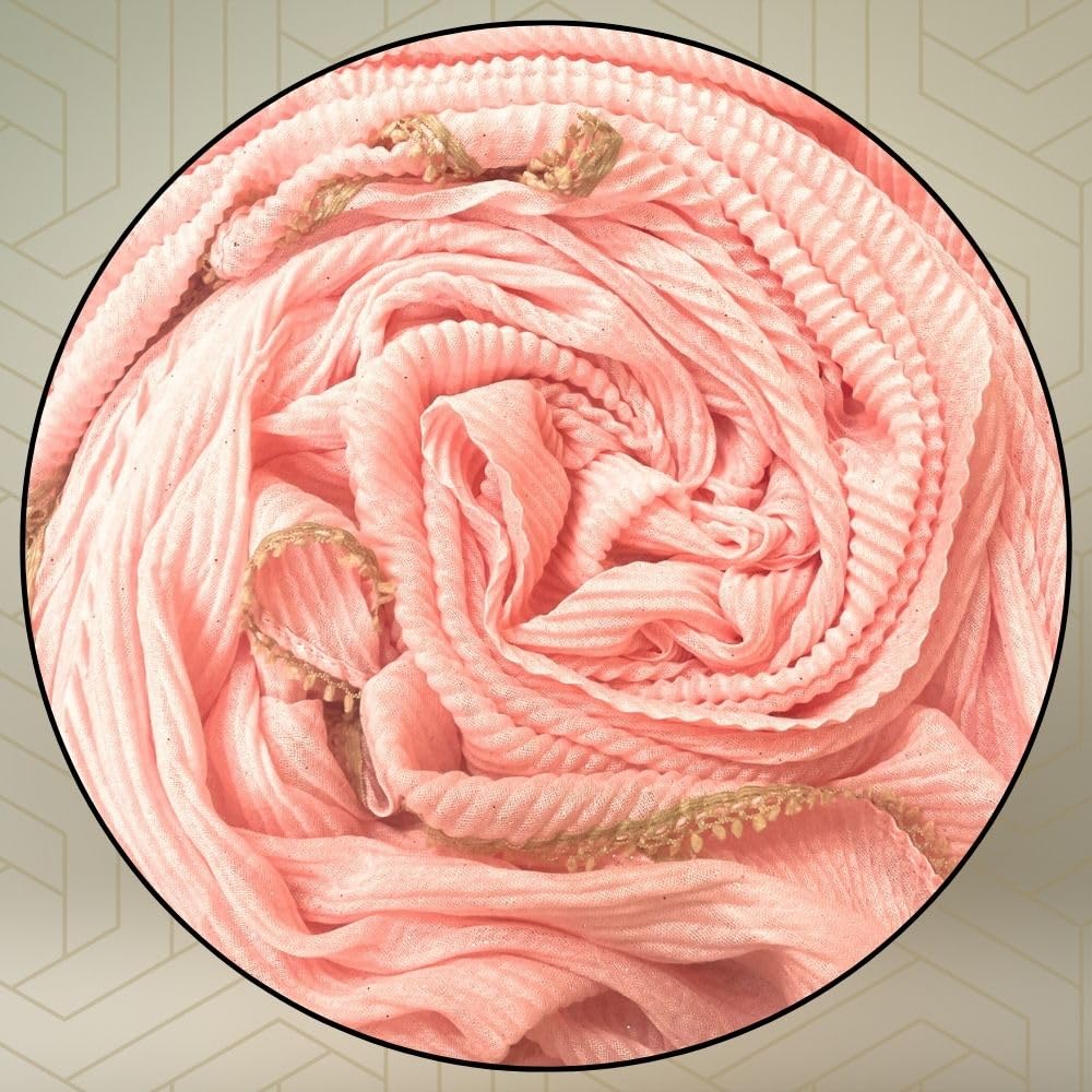 FAHABO Scarf Woman Pleated Cotton with Glitter and Lace Border Scarves | Hijab Scarf | Headscarf | Neck Scarf | Stoles | Wraps (Peach)