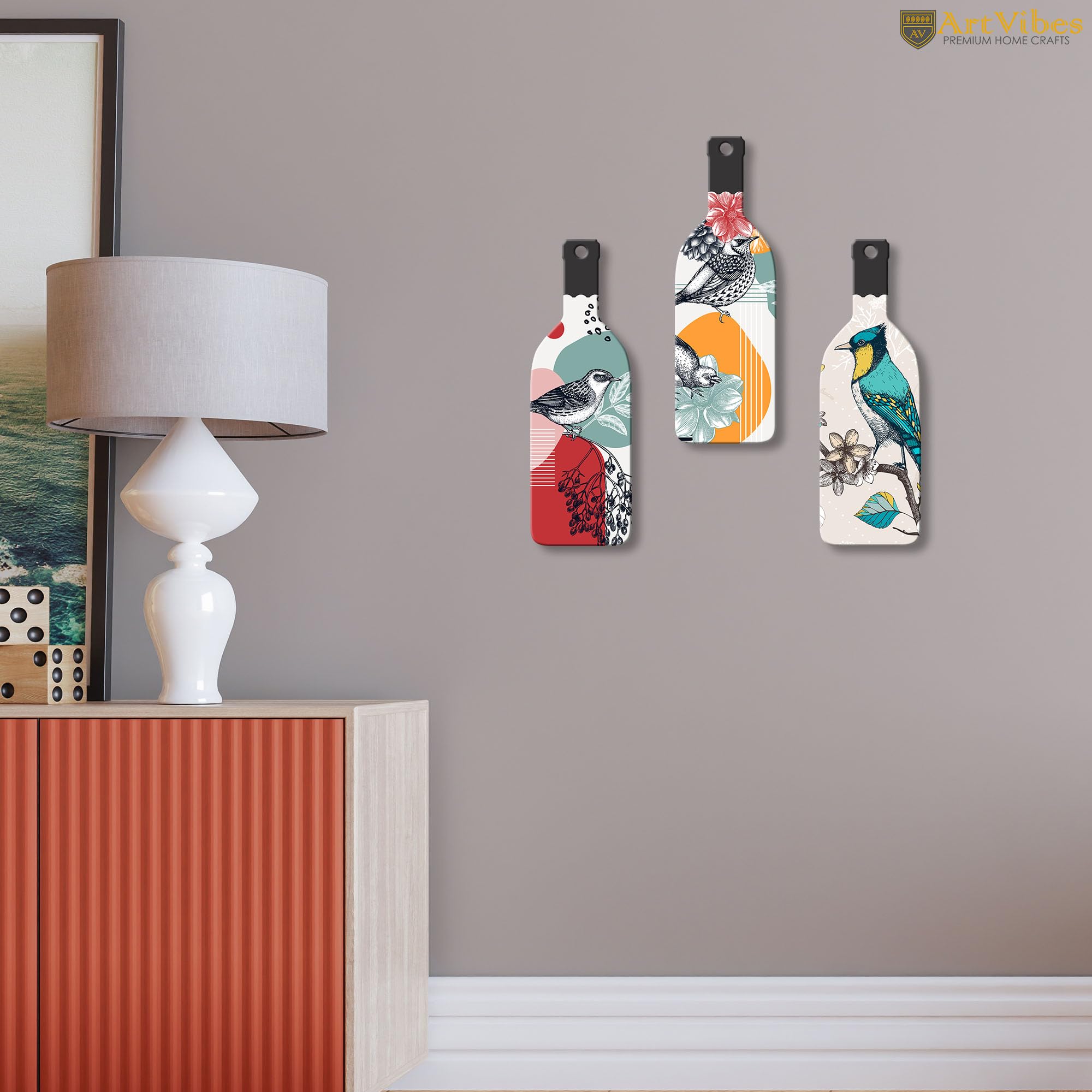 Artvibes Birds on Branch Decor Bottle shaped Wooden Wall Hanging | Living Room | Office | Cafe | Painting Wall Decor | Handcrafted Art | Aesthetic Wooden Decor | Gift Items (WH_9528N), Set of 3