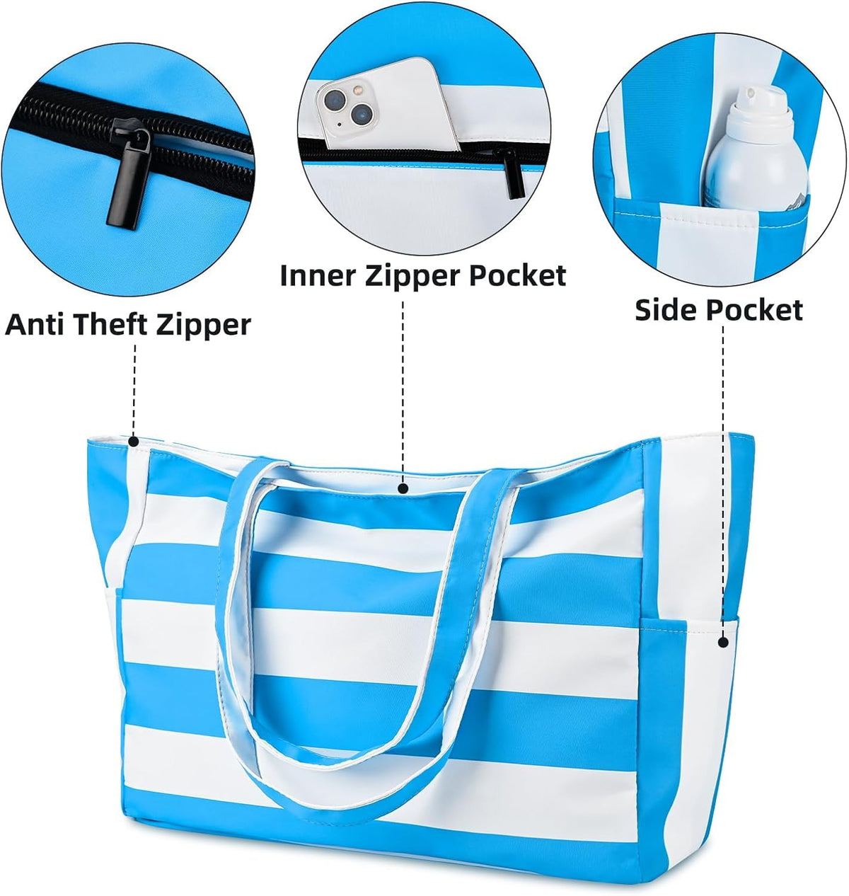hirTa Elp Tote Bag for Teacher Women Office Worker Girl Multipurpose HandBag with Zipper Pocket Mostly used for Travel Grocery Beach Hobo Waterproof Sandproof Lightweight Pool (Bolt Light Blue White)