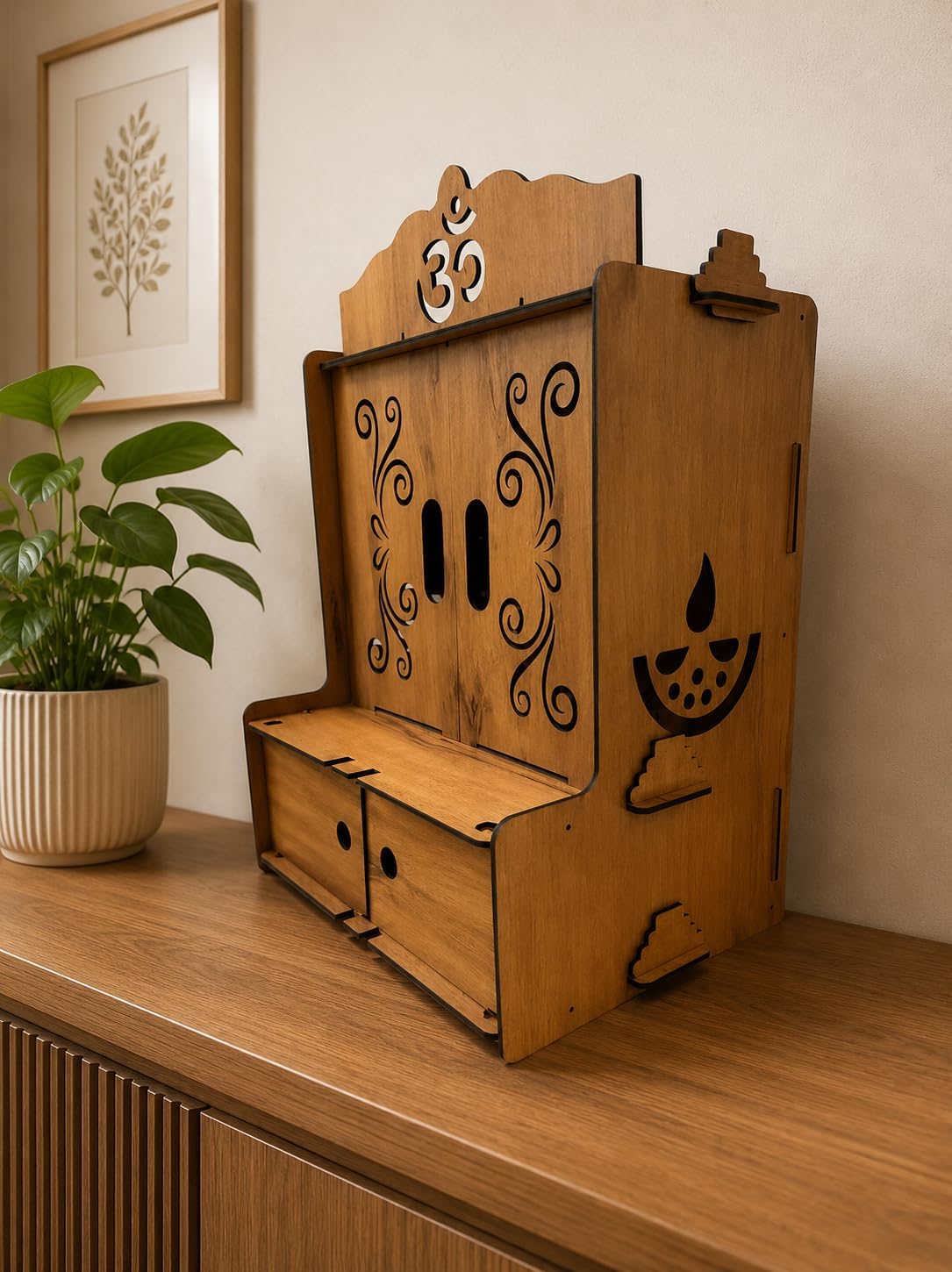 EXPRO Wooden Pooja Mandir with KANHAJI Cut Decorative with Door Engineered Wood Home Temple