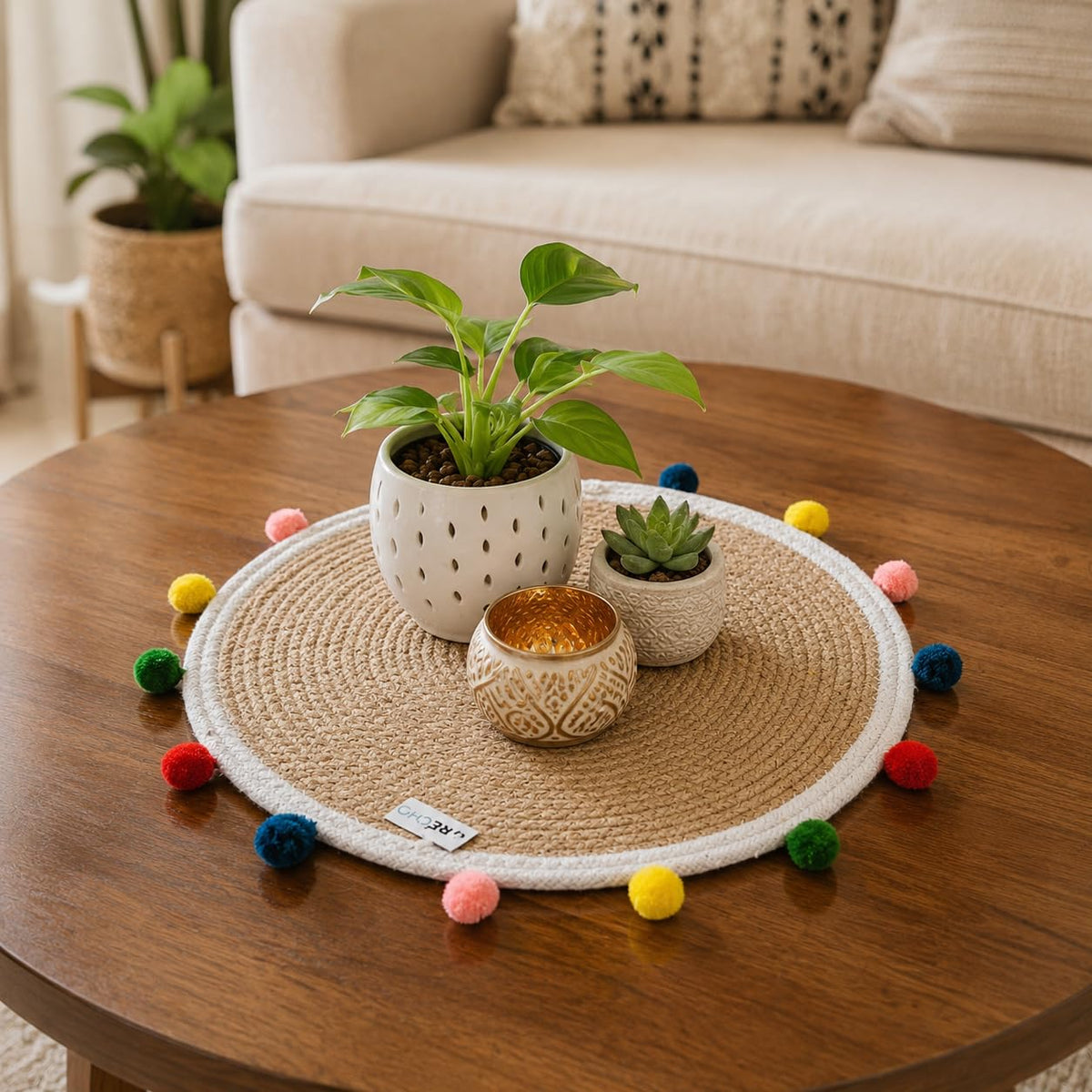 Recho Table Decor Jute Placemat, Colorful, Round, 14 inch Kafalo