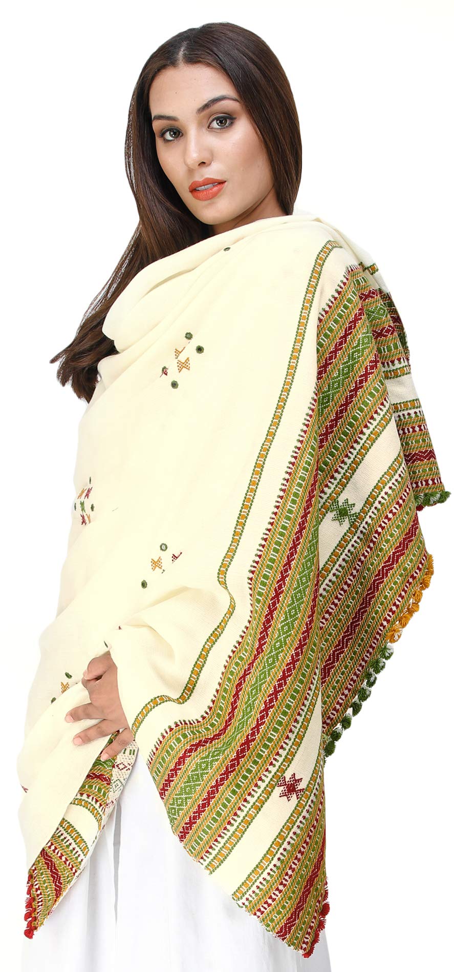 Exotic India Women's Kutch Wool Shawl (SHV95--vanilla-custard)