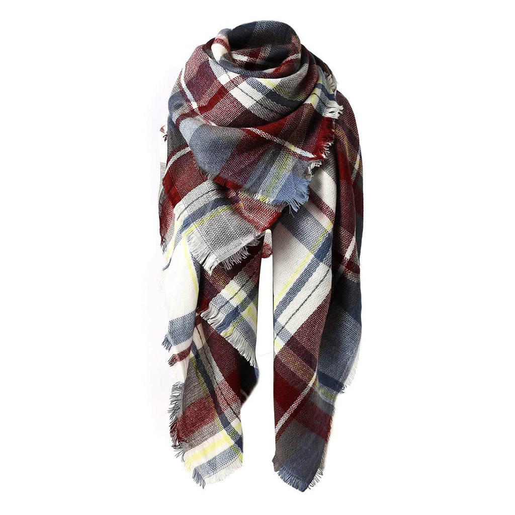 American Trends Trendy Plaid Scarfs Womens Warm Pashmina Fall Winter Soft Chunky Tartan Wrap Shawl Cozy Checked Blanket Navy w Red w Yellow