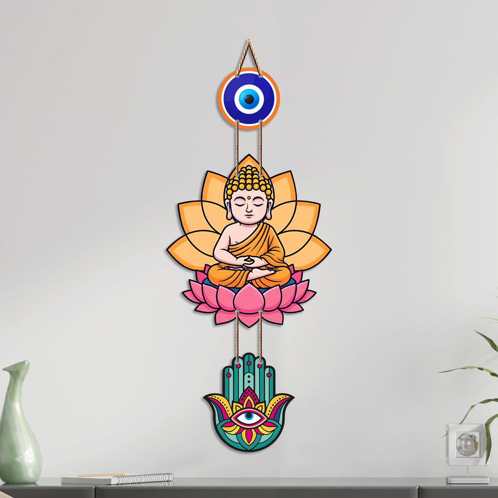 Artvibes Buddha Lotus Wall Hanging with Evil Eye and Hamsa Hand | Spiritual Meditation Decor for Positive Energy & Mindfulness | Decorative Hanging for Living Room | Yoga Room and Entrance (WH_8593N)