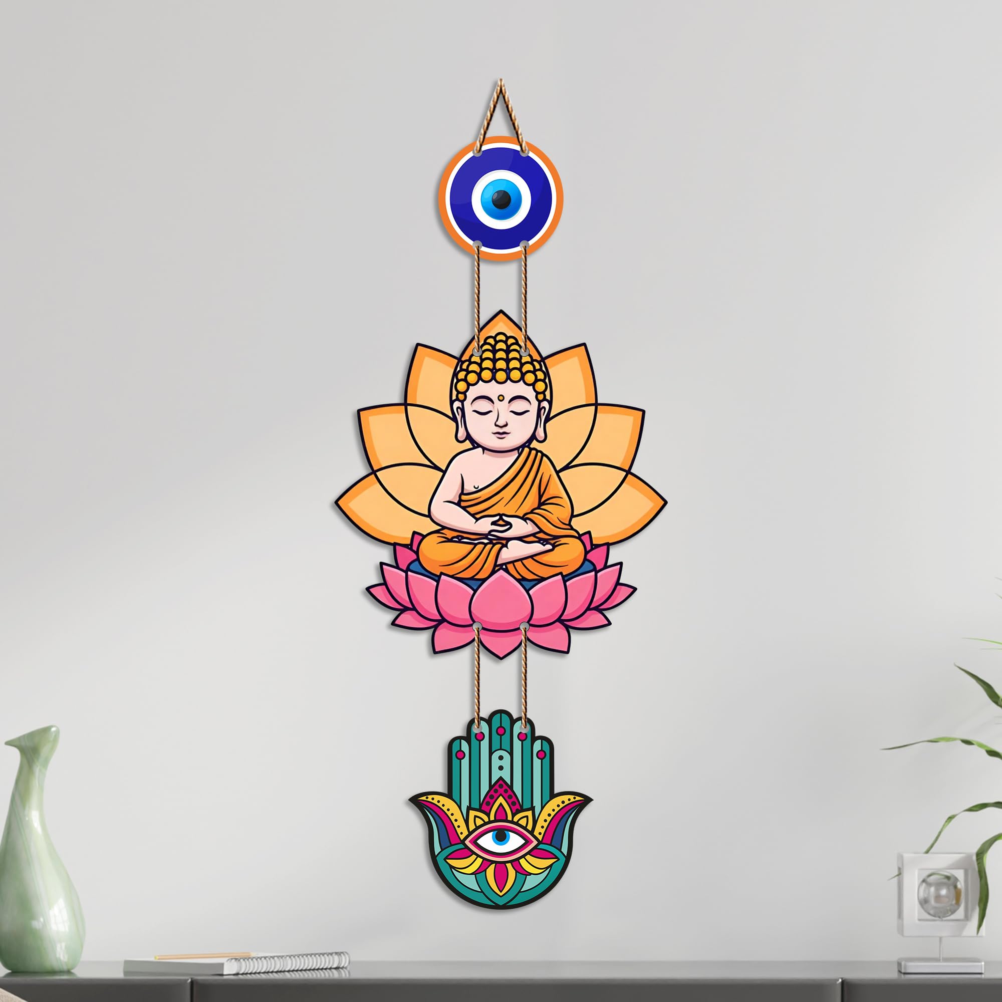 Artvibes Buddha Lotus Wall Hanging with Evil Eye and Hamsa Hand | Spiritual Meditation Decor for Positive Energy & Mindfulness | Decorative Hanging for Living Room | Yoga Room and Entrance (WH_8593N)