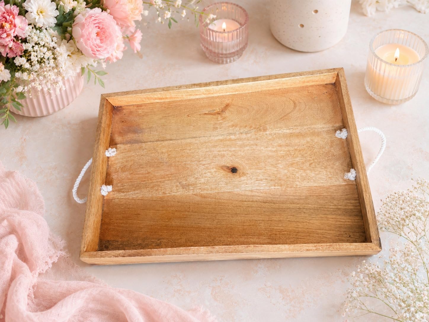 Hamdan Collection Wooden Serving Tray with Rope Handles & Ball Feet | Decorative Coffee Table & Ottoman Tray | Breakfast, Kitchen Counter Organizer & Home Decor (Natural, Single Tray)
