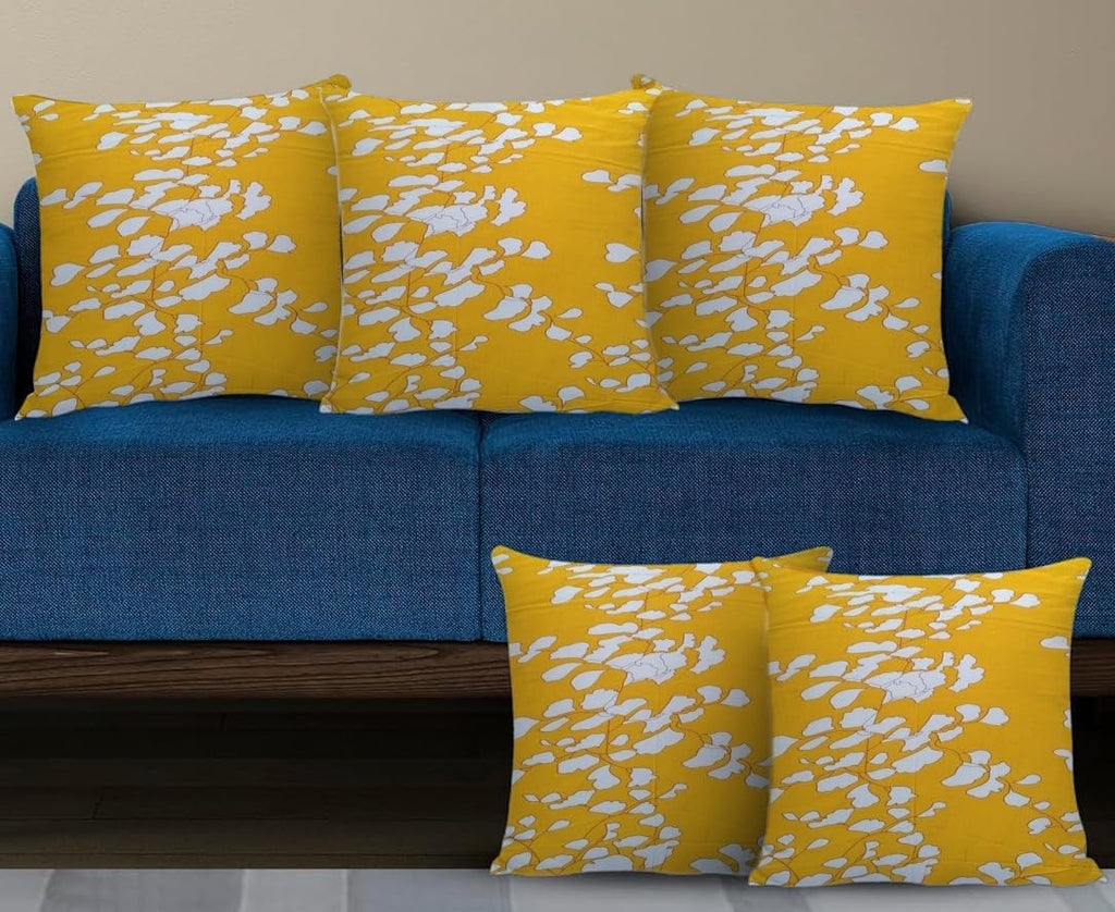 Trance Home Linen Set of 5 Premium 100% Cotton 12x12 inch Cushion Covers for Sofa and Diwan | Small Cushion Covers – (12x12 inch | 30cmx30cm, Ginkgo Leaves Yellow White) – Set of 5