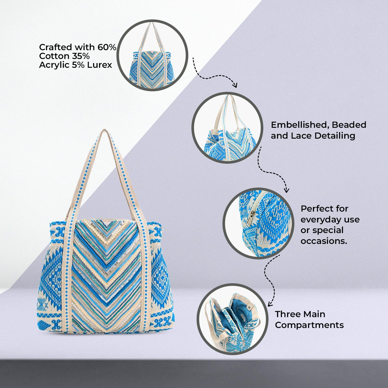 Boho Girl Tote | Blue Beaded Work Tote Bag for Girls | Stylish Bag for Office and Travel | Trendy Shoulder Bag for College or Office | Elegant Ladies Purse | Everyday Fashion Tote Bag